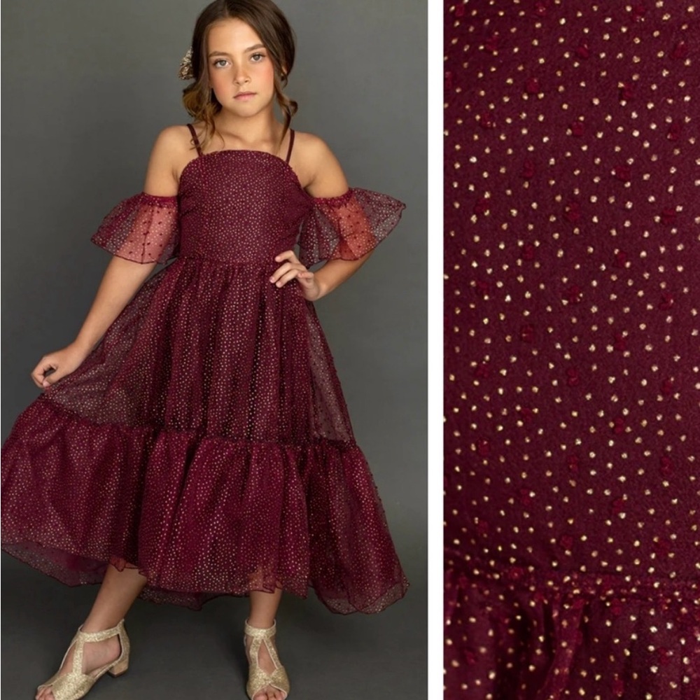 Joyfolie Burgundy and Gold Polka Dot Tulle Formal Dress for Girls